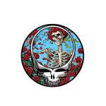 Circular design with a skeleton, roses, and a blue background on a white background