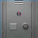 Gray metal locker with a Grateful Dead sticker on a gray background