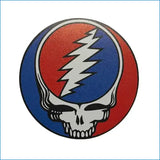 Circular logo with a skull and lightning bolt design on a gray background