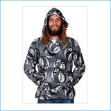 Person wearing a gray hoodie with snake pattern on a white background