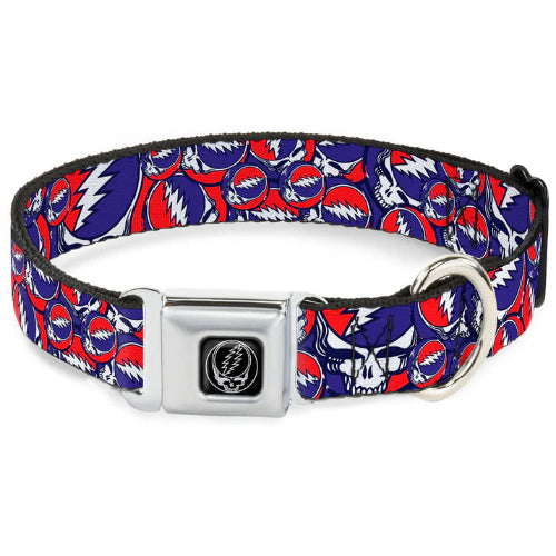 Dog collar with Grateful Dead pattern and seatbelt buckle on a white background