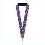 A vibrant red, white, and blue patterned lanyard featuring the grateful dead logo design.