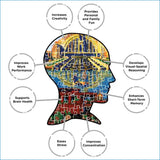 A colorful jigsaw puzzle shaped like a human head, featuring vibrant patterns and intricate designs.