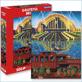 Red box containing a 500-piece puzzle depicting terrapin station with vibrant colors and detailed artwork.
