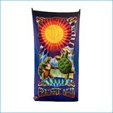 A vibrant tie-dye grateful dead terrapin sun beach towel with two green turtles playing instruments under the sun