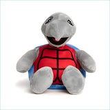 Gray plush turtle with a red and black superhero-style shell, sitting upright on a blue base.