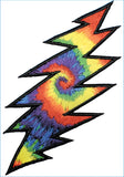 Vibrant rainbow tie-dye lightning bolt patch with black embroidered outline.
