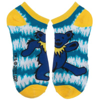 Ankle socks featuring a blue dancing bear design with yellow trim and tie-dye pattern.