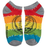 Rainbow tie-dye ankle socks featuring the Grateful Dead ’Steal Your Face’ skull logo.