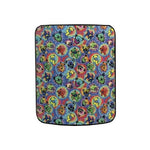 Colorful tie-dye patterned product with cartoon characters on a white background