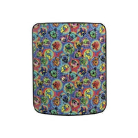 Colorful tie-dye patterned product with cartoon characters on a white background