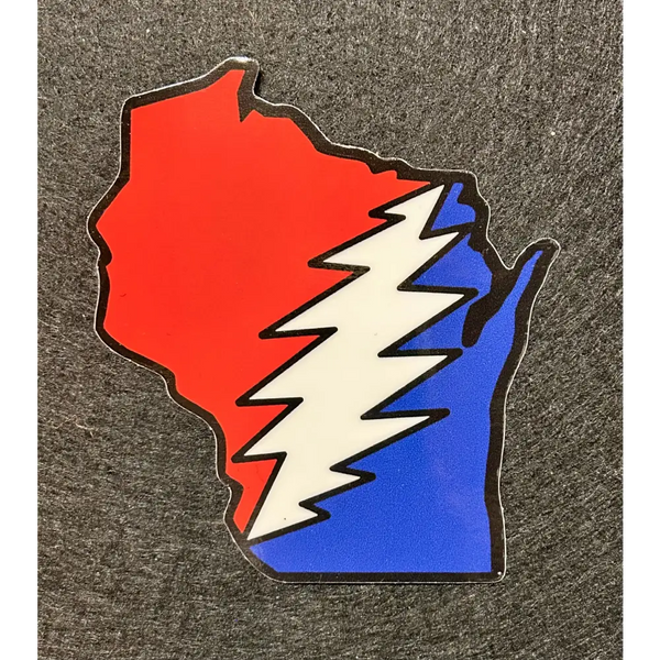 Wisconsin state outline with Grateful Dead lightning bolt.