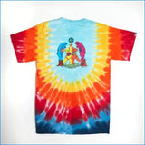 A short-sleeve tie-dye t-shirt laid flat against a white background, featuring a vibrant spiral pattern of red, orange, yellow, light blue, and dark blue. The center of the back has a graphic print of three stylized fish figures in blue, yellow, and pink around a green circular symbol.