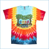 A short-sleeve tie-dye t-shirt featuring a colorful graphic of the Four Bears under a tree with the text 'Raccoon Camp'. The shirt has a spiral tie-dye pattern in blue, yellow, orange, and red, and is photographed flat against a white background.