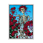 Skeletal figure surrounded by red roses on a blue background