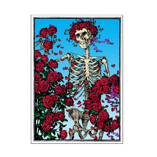 Skeletal figure surrounded by red roses on a blue background