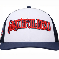 White and navy blue trucker hat with red ’Grateful Dead’ text logo.