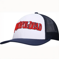 White and navy blue mesh trucker hat with red ’GRATEFUL DEAD’ text across the front.