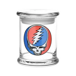 Glass jar with a Grateful Dead logo on a white background