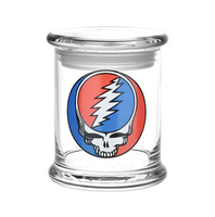 Glass jar with a Grateful Dead logo on a white background