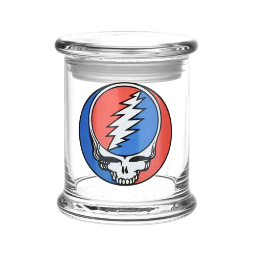 Glass jar with a Grateful Dead logo on a white background