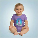Purple baby onesie with a grateful dead yoga dancing bear cartoon goat in a yoga pose and lotus flowers design