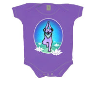 Purple baby onesie with a cartoon llama doing yoga printed on the front.