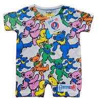 Baby romper with colorful bear pattern on a white background