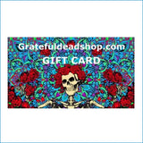 Gift card with colorful design featuring a skeleton and roses, and 'Gratefuldeadshop.com' text.