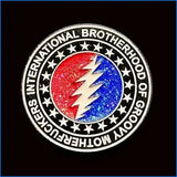 Circular badge with Grateful Dead logo and text on a black background
