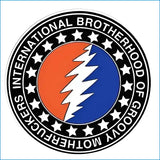 Circular sticker featuring the iconic grateful dead lightning bolt logo in white, set against a split orange and blue background with black stars around its perimeter.