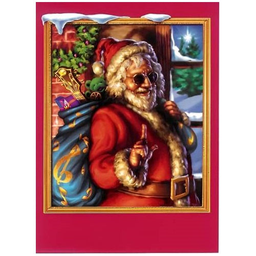 Illustration of Santa Claus with a sack full of gifts, standing by a window with Christmas decorations.