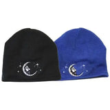 Black and blue beanies with moon and star designs on a white background