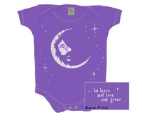 Purple infant onesie with a crescent moon design and stars.