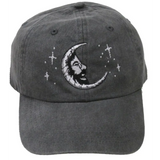Dark gray denim baseball cap featuring a white embroidered crescent moon with a face and stars.