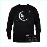 Black long-sleeve shirt with a white crescent moon design on a white background
