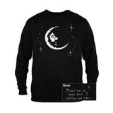 Black long-sleeve shirt with a white crescent moon design on a white background