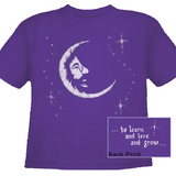 Purple t-shirt with a white crescent moon design and text on a white background