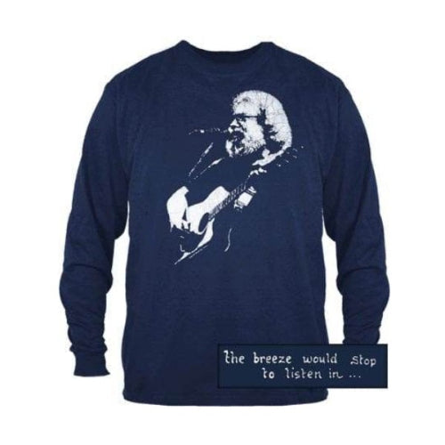 Navy blue long-sleeve shirt with a graphic of a person playing guitar and text on a white background