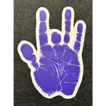 Purple hand sign with white outline.