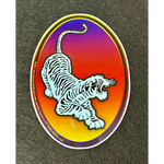 Oval sticker with a blue tiger on a colorful background.