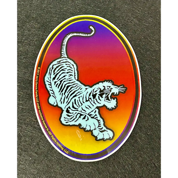 Oval sticker with a blue tiger on a colorful background.