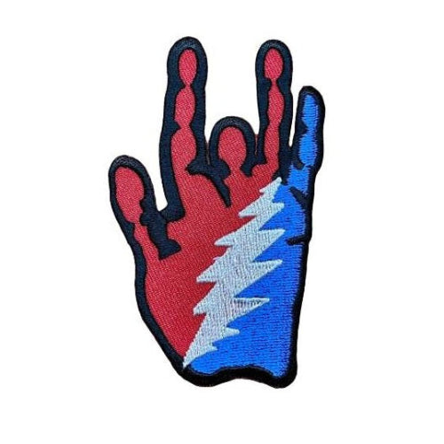 Hand-shaped patch with red, blue, and white design on a white background