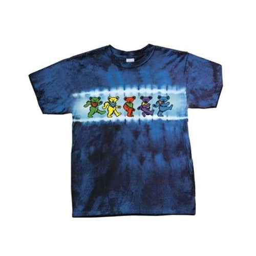 Blue tie-dye t-shirt with colorful bear graphics on a white background