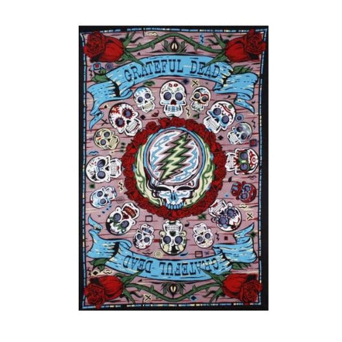 Colorful Grateful Dead poster with skull and roses design on a white background