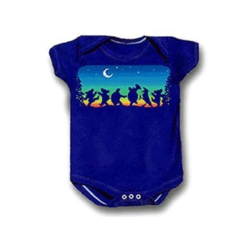 Blue baby onesie with a colorful graphic of silhouettes against a night sky design.