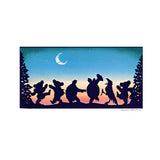 Silhouettes of characters against a night sky with a crescent moon.