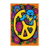 Colorful design with a bear, flowers, and peace symbol on an orange background