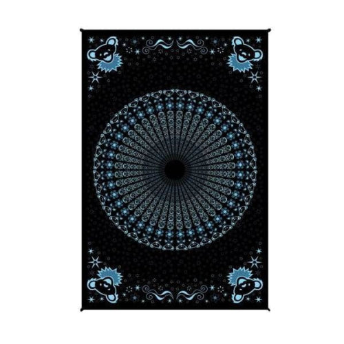 Black tapestry with blue circular pattern and celestial designs on a white background