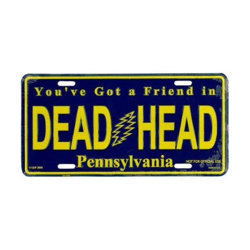 License plate with 'DEAD HEAD' text and Pennsylvania reference on a blue background
